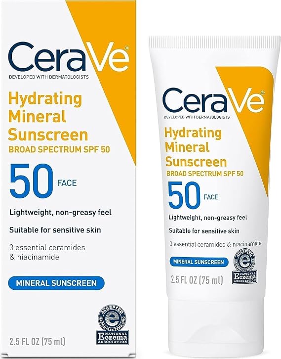 CeraVe Hydrating Mineral Sunscreen SPF 50 Face Sunscreen, Travel Size 2.5oz