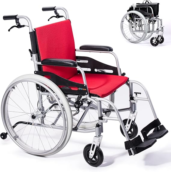 Magnesium Lightweight Foldable Wheelchair 21lbs Self-propelled Chair with Travel Bag and Cushion, Footrests, 17.5 Seat, Weight Capacity 220 lbs, Red