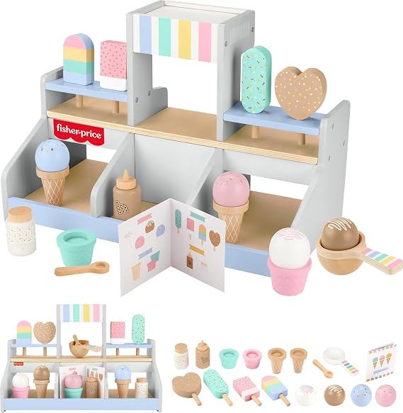 Fisher-Price Ahşap Dondurma Dükkanı Okul öncesi çağdaki çocuklar için 18 ahşap parçadan oluşan Fisher-Price Ahşap Dondurma Dükkanı Seti HXV21