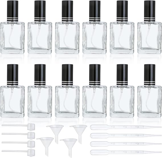YU FENG 12pcs 15ml Square Glass Perfume Bottles, Refillable Atomizer Spray | Black Cap Design, Includes Funnels Droppers And Pumps, Square Glass Container, Portable Travel Size, Perfume And Oil Use