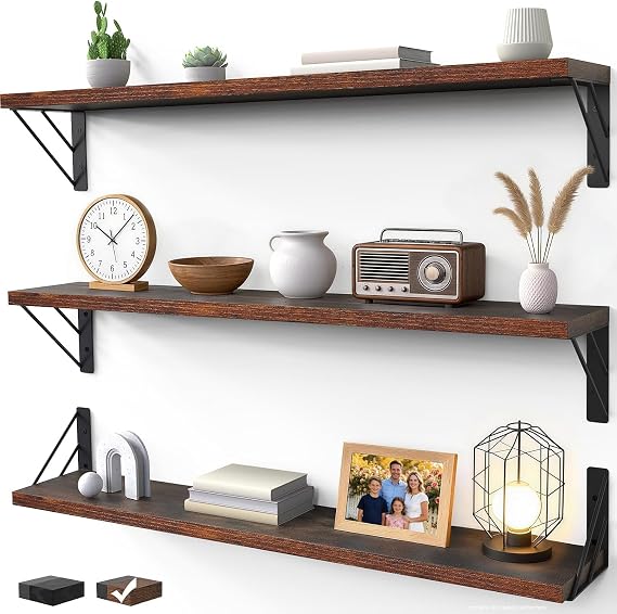 BAYKA Wall Shelves for Bedroom Decor, Wood, Rustic Brown, Set of 3, 36in