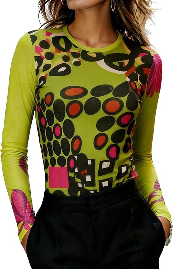 stylewe Graphic Print Long Sleeve Tops for Women Crew Neck Slim Fit Fashion T-Shirt