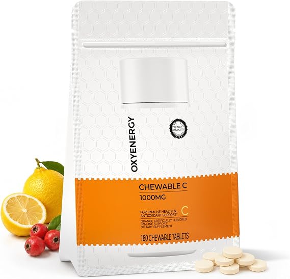 OxyEnergy Vitamin C 1000mg Chewable Tablets Immune Support & Antioxidant Supplement with Sodium Ascorbate & Ascorbic Acid, Vegetarian 180 Count - Orange Flavor
