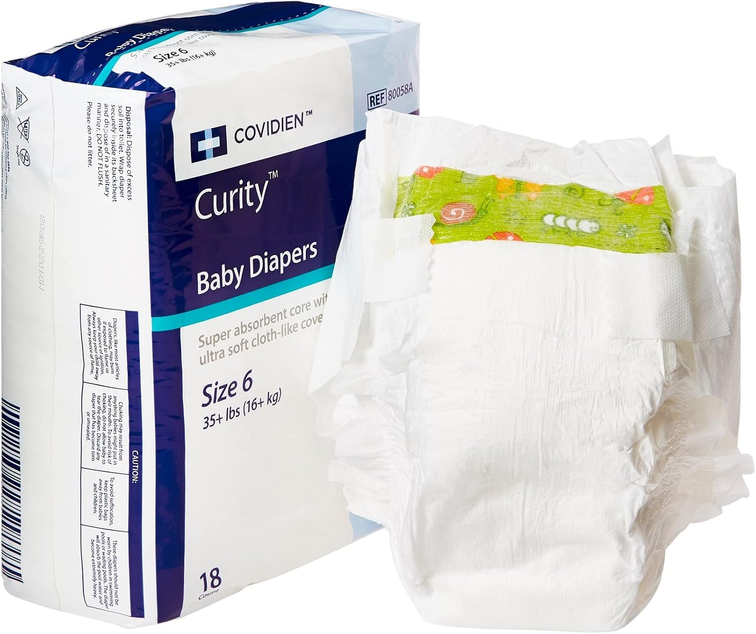 Curity Baby Diaper Tab Closure Size 6 Disposable Heavy Absorbency, 80058A - Pack of 18