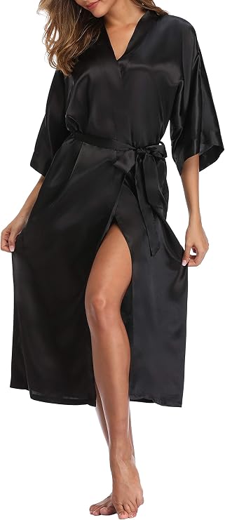 Womens Silky Robes Long Satin Robe Lightweight Sleepwear with Pockets S-XXL