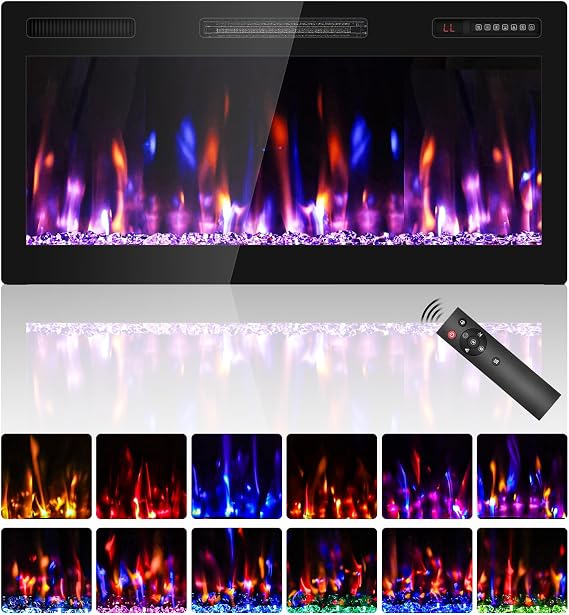 BREEZEHEAT 36 Inch Electric Fireplace Recessed and Wall Mounted, Ultra Slim Linear Fireplace Heater 750/1500W w/Crystal, HD Realistic Flame, Lower Noise, 8H Timer