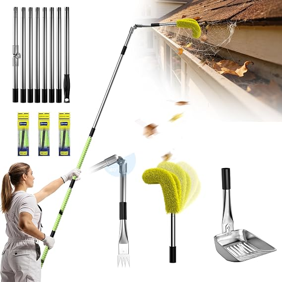 13ft Gutter Cleaning Tools from The Ground, 3-in-1 Gutter Cleaner with Replaceable Brush Rake Scoop, 180 Adjustable Rotating Stainless Steel Pole for