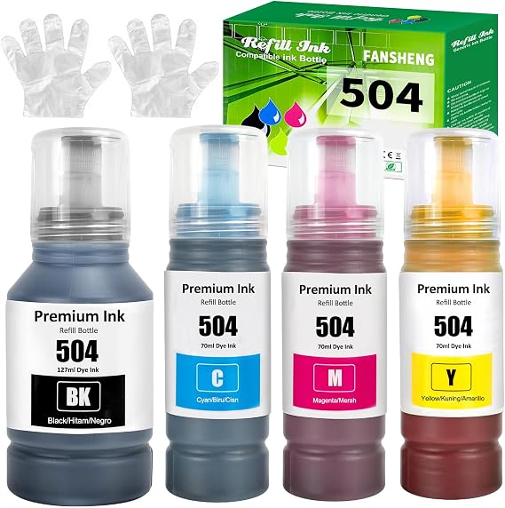 504 Ink Refill Bottles for L4150 L4160 L4260 L6161 L6171 L6191 L6270 L14150 Inkjet Printer, 4 Bottles Black Cyan Magenat Yellow
