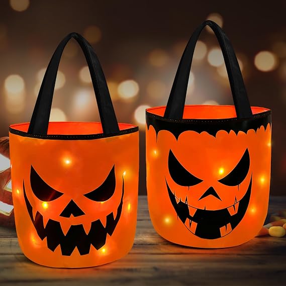 2 PCS Halloween Candy Bucket with LED Light Trick or Treat Buckets Basket