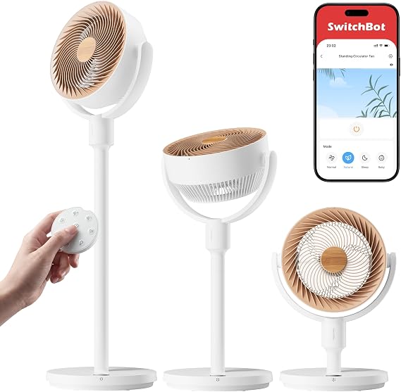 SwitchBot Smart Pedestal Fan, Rechargeable Oscillating Standing Fan for Bedroom, Corded & Cordless, Adjustable Height Floor & Desk Fan, 22dB, Remote & App, Works with Alexa,Google Home,HomeKit,Matter
