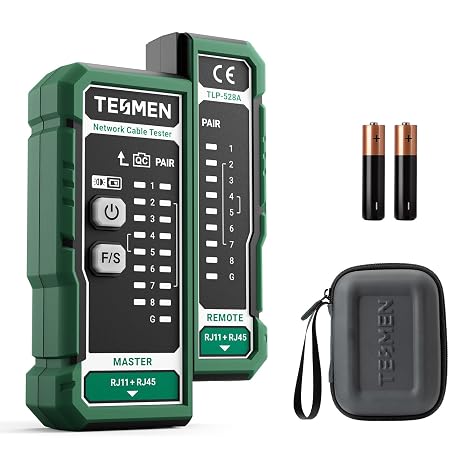 TESMEN TLP-528A Network Cable Tester for RJ11 RJ45, Ethernet Wire Tester for LAN & TEL Continuity and QC Test, for CAT5/CAT6/CAT7, Suitable for Cable Maintenance and Sorting - Green