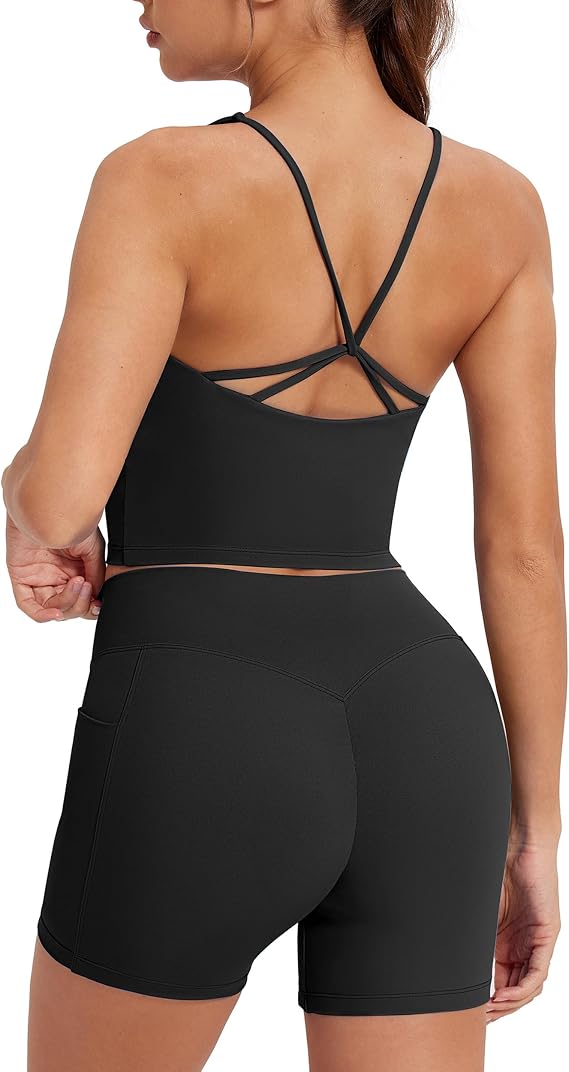 MOOSLOVER Women 2 Piece Workout Sets Longline Sports Bra Tank Tops Tummy Control Gym Shorts Pilates Outfits