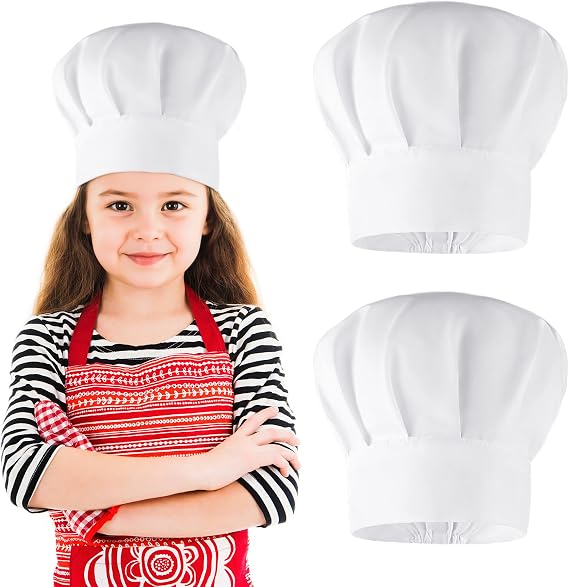 2 Pack Kids Chef Hats Elastic Cotton Chef Caps for Children, Cooking Baking Cap Comfortable & Durable Kitchen Chef Caps for Party School Home White