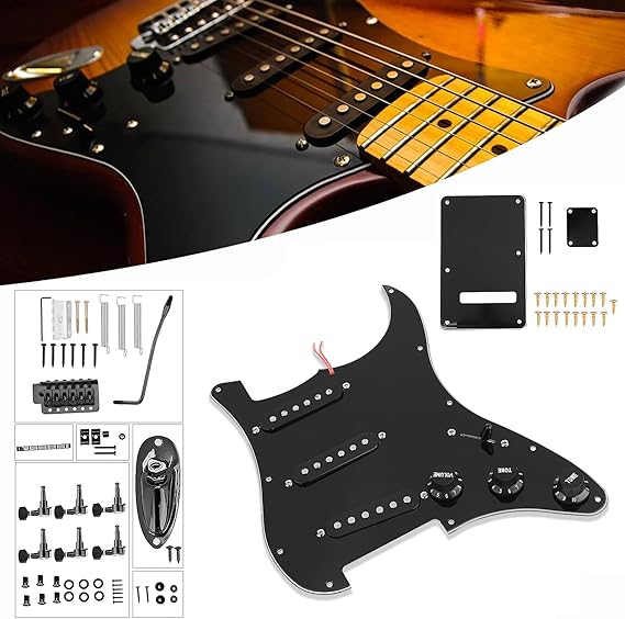 Electric Guitar Hardware Kit, 1 Set DIY Guitar Repair Parts with Pickguard Back Cover Bridge System for STRAT Style Guitars