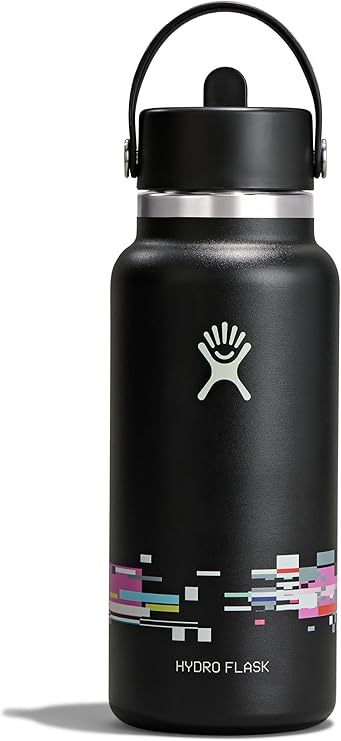 Hydro Flask Water Bottle - Insulated Stainless Steel - Wide Mouth Flex Straw Lid, Non Spill, Leakproof and Refillable in 32 Oz Glitch Black