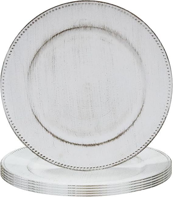 MAONAME Antique White Charger Plates Set of 6, Beaded Rim Plate Chargers
