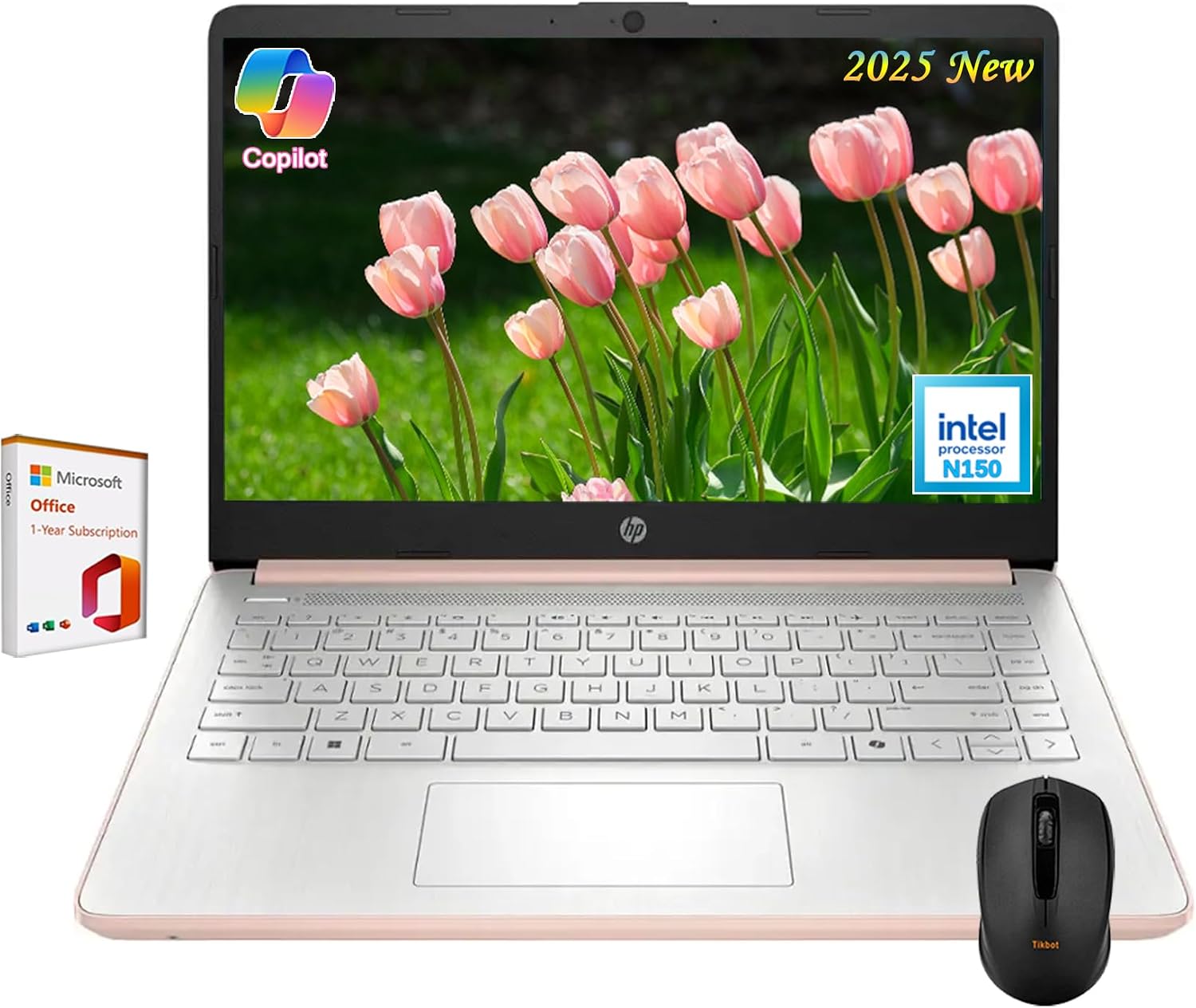 HP 14” Ultra Light Students Business Laptop, Intel N150Beats N4120, 4GB RAM, 128GB UFS Storage, Wi-Fi 6, 1 Year MS Office 365, Copilot AI, Win 11, Pale Rose Gold, wWireless Mouse