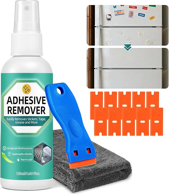 Halldeli Adhesive Remover Kit, Sticker Remover Spray for Cars, Floor, Windows, Surface-Safe Glue Remover with Plastic Scraper Quickly Removes Decals, Tape Residue, Gum, Tar and Grease