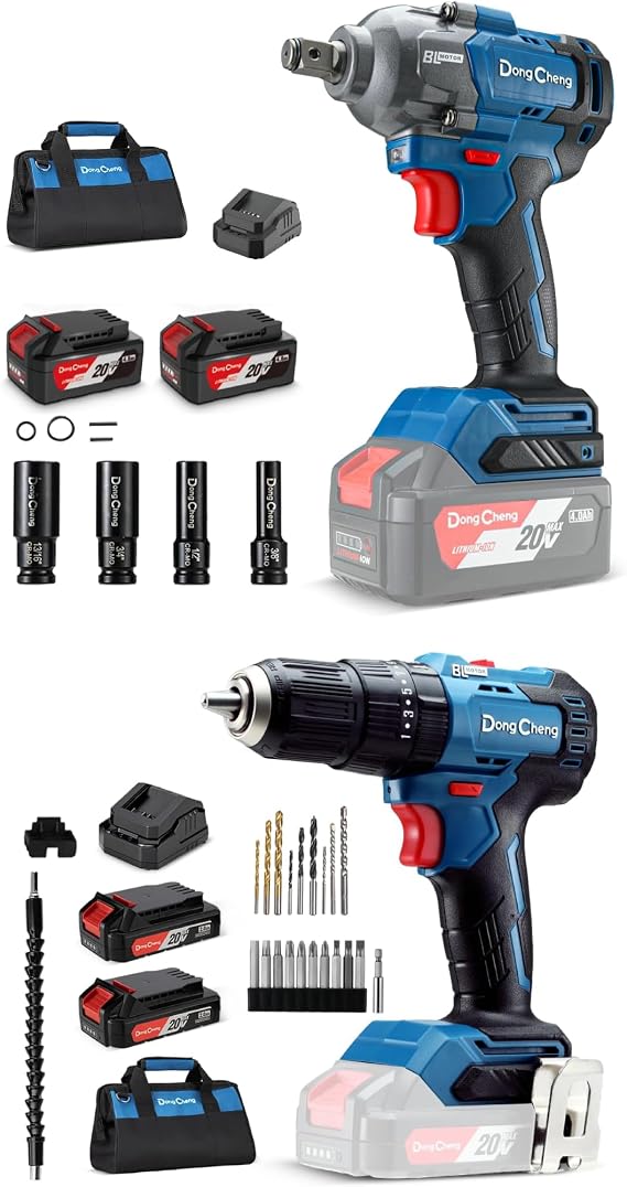 Dong Cheng 20V Brushless Impact Wrench, Max Torque 360 ft-lbs (488N.m) & 20V Brushless Heavy-duty Impact Drill, 443 in-lbs