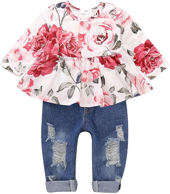 CARETOO Girls Clothes Outfits Cute Baby Girl Floral Long Sleeve Pant Set Flower Ruffle Top