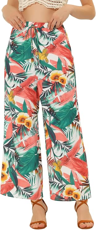 Allegra K Women's Floral Palazzo Elastic Waist Casual Wide Leg Tropical Beach Pants