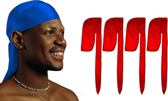 1 Pack Blue Silky Satin Durag Bundle 4 Pack Red Silk Durag