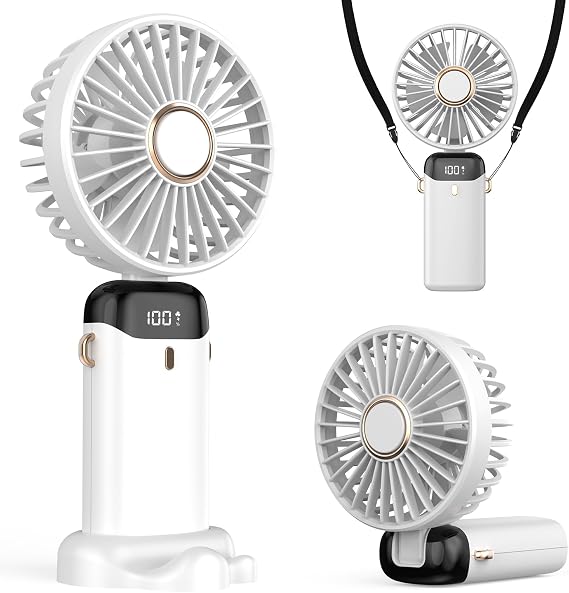 Taşınabilir USB Vantilatör, 4200mAh Şarjlı El Tipi Fan, LED Ekranlı, 3'ü 1 Arada El/Boyun/Masa Fanı, Yaz, Ofis, Seyahat için, Kadınlar, Kızlar ve Çocuklara Hediye (Beyaz)