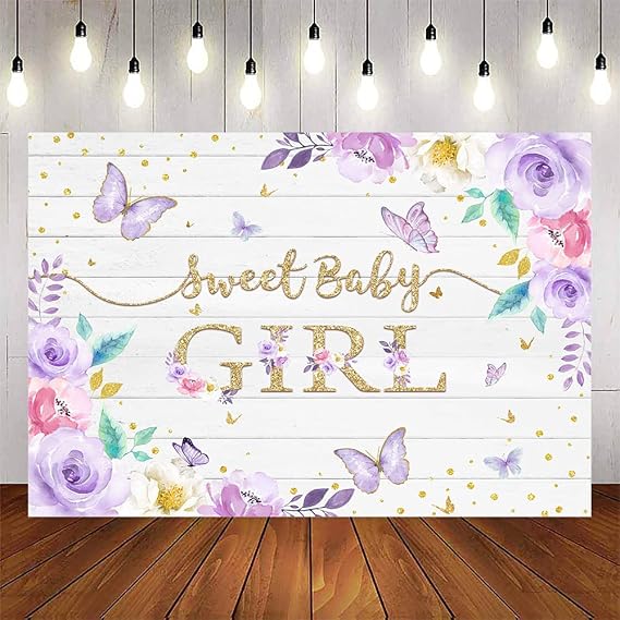 Avezano Purple Butterfly Backdrop for Sweet Girl Baby Shower Party Decoration Watercolor Flowers Rustic White Wood Garden Floral Background Newborn Kids Phootshoot Props (8x6ft)