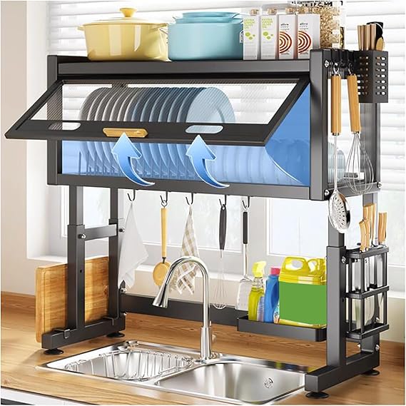 Over The Sink Dish Drying Rack with Top Cabinet, Adjustable Height, 3 Tier Dish Drainer for Storage Kitchen Counter Organization, Stainless Steel, Black