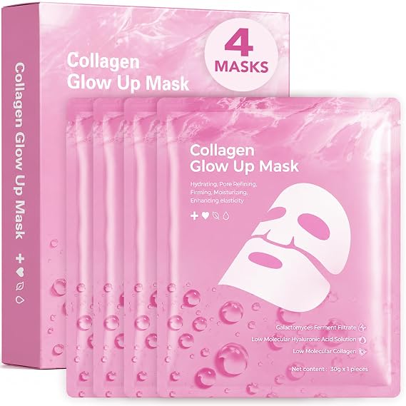 Bio Collagen Face Mask Overnight: Collagen Glow up Mask for Deep Hydration Firming & Smoothing Skincare - Achieve Glass Skin with Elasticity & Collagen Boost Refining - For All Skin Types (4 Masks)