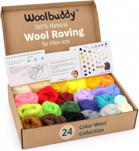 Woolbuddy Wool Roving Set for Needle Felting, 24 Colors Merino Wool Kit