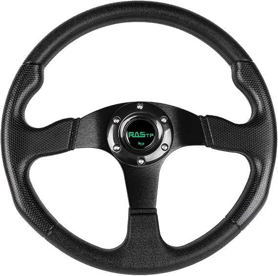 RASTP Universal Racing Steering Wheel 13.8/350mm 6 Bolts Grip Vinyl Leather & Aluminum with Horn Button for Car-Black