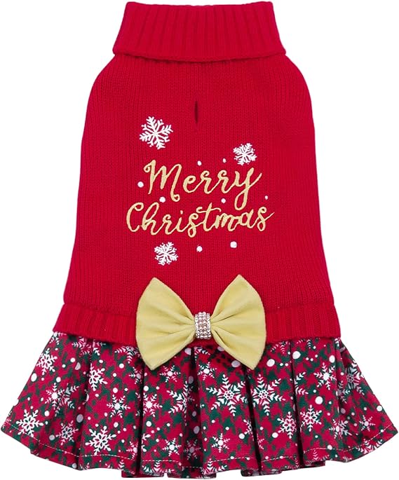 CuteBone Christmas Dog Sweater Dress with Bow for Small Medium Dogs & Cats