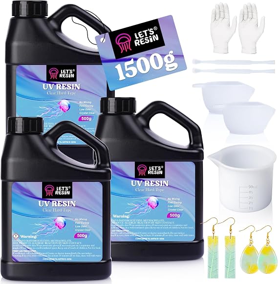 LET'S RESIN UV Resin, 1500g Hard Resin with Silicone Measuring Cups | Crystal Clear, Low Viscosity, Odorless, Anti-Yellowing, Fast Cure, Low Shrinkage, Beginner-friendly for UV Jewelry, Molds