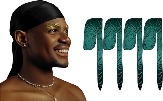 1 Pack Black Silky Satin Durag Bundle 4 Pack Green Silk Durag