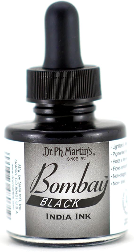Dr. Ph. Martin's Bombay India Ink (7BY) Ink Bottle, 1.0 oz, Black, 1 Bottle