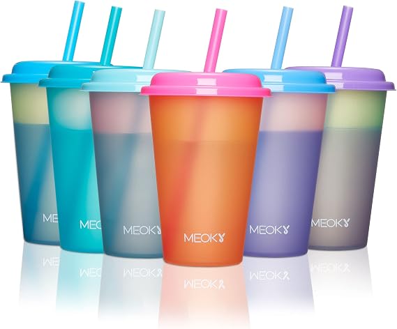Meoky Color Changing Cups with Lids and Straws for Kids 6Pack 12oz Plastic Reusable Cold Drink Tumblers Summer Party Cups