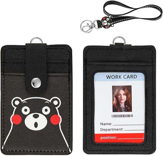 2025 Latest Woosifun ID Badge Holder Cute Credit Card Case Neck Pouch Lanyard with Cartoon Shield Keychain for Students Teens Boys Girls Staff Women (02 Black Bear)