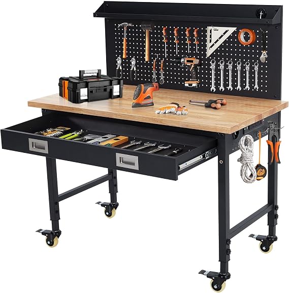 48" Adjustable Workbench with Wheels, 2000 LB Capacity, Power Outlets, Solid Hardwood Top, Heavy Duty Garage Work Table for Workshop, Home Office, DIY