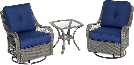 Hanover Orleans 3-Piece Patio Conversation Set with 2 Gray Wicker Swivel Rockers, Heather Gray Cushions, and Glass Top Square Table, Outdoor Bistro Set 3-Piece