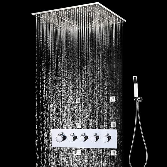 Cascada Luxury 20" Square Ceiling Mounted Thermostatic Shower System, 4 Rainfall Function With SPA Misty, Rainfall, Hand shower, Side Spray Mode - Stainless Steel, Matt Black