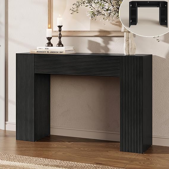 43" Fluted Modern Console Table with Storage, Narrow Entryway Table, Black