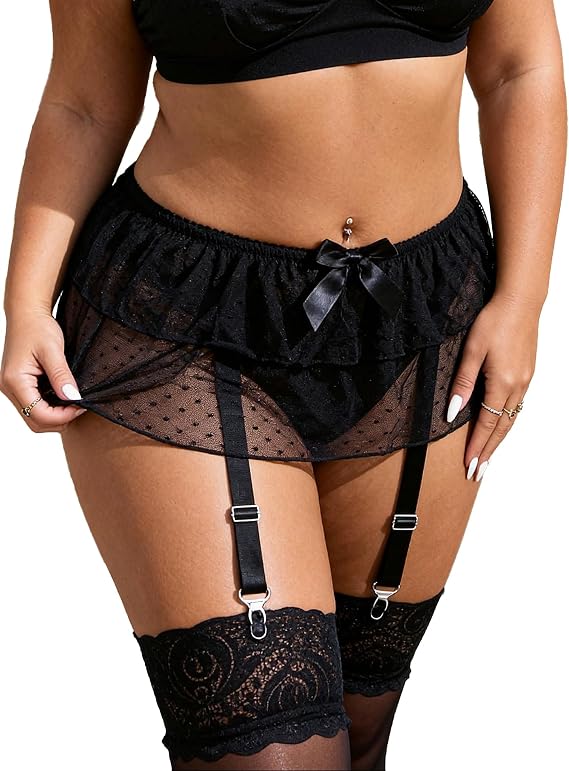 comeondear Garter Belts and Thigh Highs Set Plus Size Women Lace Mesh Suspender Belt with 4 Straps Metal Clip for Thigh Highs