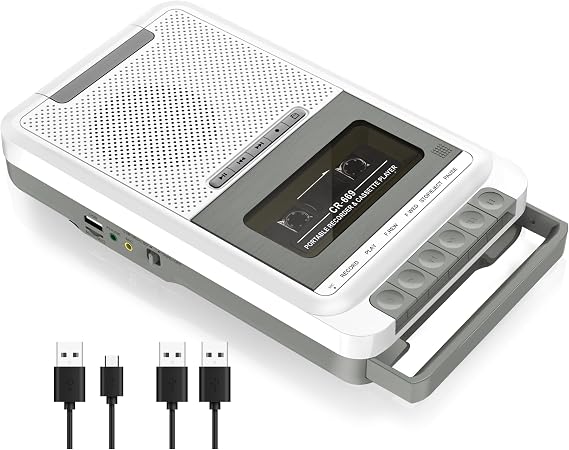 Gracioso Cassette Tape Converter to MP3 via U Disk/SD Card or PC Record to Cassettes/USB/SD Card via Mic,Cassette to Digital Tape Player with Headphone Jack,Retractable Handle (White)
