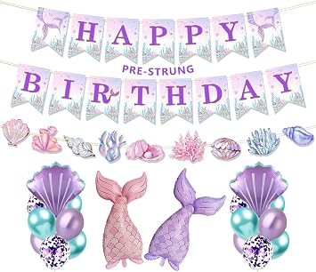 Mermaid Party Decorations, Pre-Strung Happy Birthday Banner Coral Shell Banner, Mermaid Themed Party Supplies for Girls with Foil & Latex Balloons