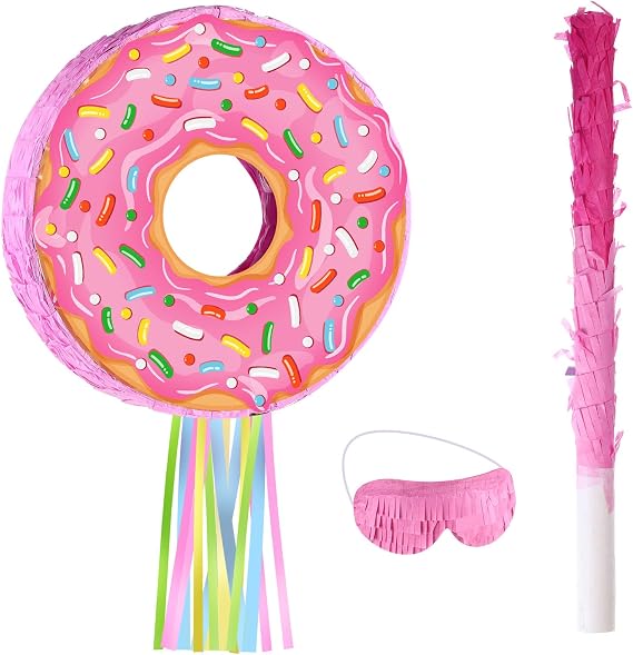Pink Donut Pinata with String, Bat and Blindfold Multicolor Colorful Small Pinata for Reveal Shower Donut Grow up Theme Party Birthday Anniversary Party, 12.6 x 12.6 x 3.15 Inch