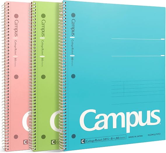 KOKUYO Spiral Notebooks, 3 Pack 10-1/2" x 8" Lined Notebook College Ruled | Campus Subject Notebooks, 80 Sheets, 3 Holes School Japanese Ring Journal for Work Study Note Taking, Pink Blue Green