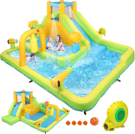 JOYMOR 10-in-1 Inflatable Water Slide Bounce House w/Deeper Pool, Obstacle Course, Climbing Wall, 1min Blow Up Water Slides for Kids Backyard Party Gift (Yellow & Green)