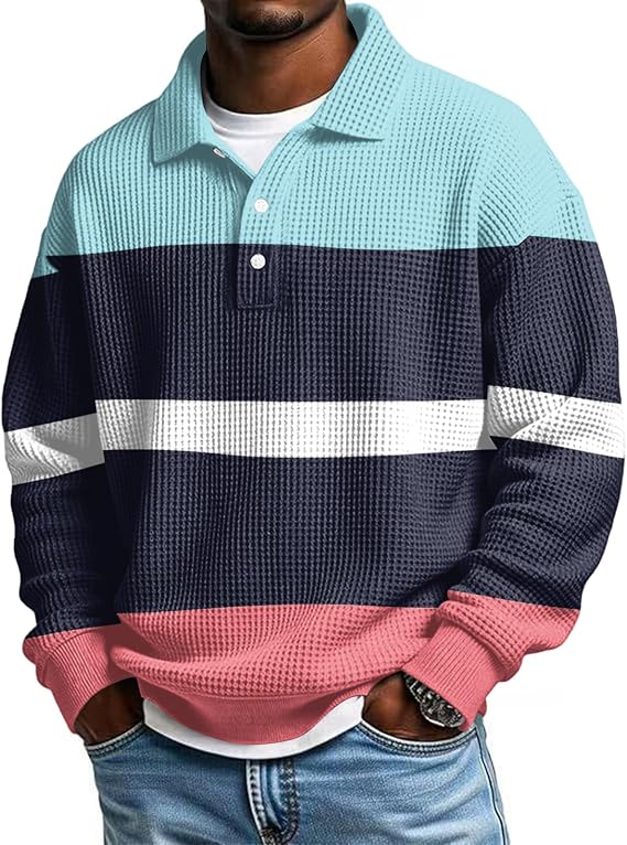 Waffle Polo Shirts for Men Color Block Button Collar Stand Long Sleeve Shirt Slim Fit Comfy Plus Size Sweatshirt