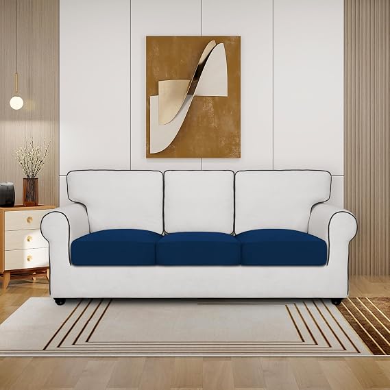 PureFit Super Stretch Fleece Couch Cushion Covers - Individual Sofa Cushion Sets, Washable Sofa Seat Cushion Protector with Elastic Bottom (3 Pieces, Navy)